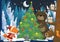 Winter scene with forest animals reindeers bear and fox near christmas tree - traditional scene