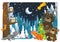 Winter scene with forest animals reindeers bear fox and owl near christmas tree - traditional scene