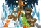 Winter scene with forest animals reindeers bear fox and owl near christmas tree - traditional scene