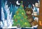 Winter scene with forest animals reindeers and bear near christmas tree - traditional scene