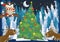 Winter scene with forest animals reindeers and santa claus bear near christmas tree - traditional scene