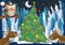Winter scene with forest animals reindeers and santa claus bear near christmas tree - traditional scene