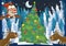 Winter scene with forest animals reindeers and santa claus bear near christmas tree - traditional scene