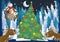 Winter scene with forest animals reindeers and santa claus bear near christmas tree - traditional scene