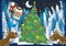 Winter scene with forest animals reindeers and santa claus owl near christmas tree - traditional scene