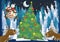 Winter scene with forest animals reindeers and santa claus owl near christmas tree - traditional scene