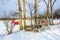 Winter scene Ice Fishing cabins in a vast spaces on the frozen river