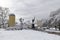 Winter scene with the monument of the Bulgarian volunteerand and the main astronomical point of state triangulation of Bulgaria