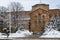 Winter scene with the monument to an unknown warrior is located next to the Church of  Saint Sofia