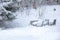 Winter scene in a rest zone near a forest. Benches and snowmen, forest road