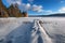 Winter scene. Shiroka Polyana Dam in a sunny winter day. Snowy fairytale in Bulgaria.