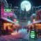 winter scene, small town by night, vendor and shops, accept cbdc central bank digital currency sign