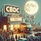 winter scene, small town by night, vendor and shops, accept cbdc central bank digital currency sign