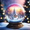 Winter scene snow globe Christmas bauble, with small cottage in a snow covered forest. Bokeh Christmas lights background