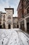 Winter scene of a snowed cityscape landscape of the ancient village of Briviesca in Burgos Province, Castilla y Leon, Spain.