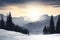 winter scene, with snowy mountains in the background and silhouetted skier or snowboarder