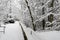 Winter scene -thickly snow covered park, river Pegnitz, Nuremberg, Germany