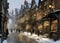 winter scene with a traditional old-fashioned english town street covered in snow with illuminated windows at