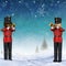 Winter scene with two toy soldiers playing trumpets.