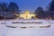 Winter scenery of Abbots Palace in snowy park