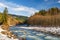 Winter scenery of ice and snow along the White River under Mount Rainier.