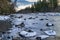 Winter scenery of ice and snow along the White River under Mount Rainier.