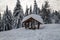 Winter scenery with shelter, snow and spruce trees - Girova hill summit near Mosty u Jablunkova in Czech republic