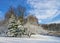 Winter scenery with trees covered by fresh snow against blue sky