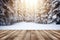 Winter scenic landscape. Wooden flooring strewn with snow in forest blurred background. Generative AI