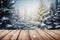 Winter scenic landscape. Wooden flooring strewn with snow in forest blurred background. Generative AI