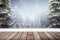 Winter scenic landscape. Wooden flooring strewn with snow in forest blurred background. Generative AI