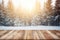 Winter scenic landscape. Wooden flooring strewn with snow in forest blurred background. Generative AI