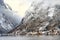 Winter scenic view of village of Hallstatt in the Austrian Alps from window of ship