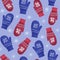 Winter seamless pattern of cozy knitted mittens of blue and red color with ornament