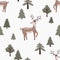 Winter seamless pattern with cute cozy forest animal deer and Christmas trees