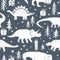 Winter seamless pattern with cute dinosaurs and hand drawn doodle trees, presents, and snowflakes. Xmas kids vector