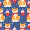 Winter seamless pattern with a cute dog and mugs with hot chocolate. Funny shiba inu in a warm scarf