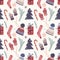 Winter seamless pattern with cute elements, cozy clothes, candies, pine branches and gift boxes