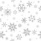 Winter seamless pattern with flat silver grey snowflakes on white background.