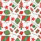 Winter seamless pattern with green and red  elements, Christmas tree, balls, garlands, flags, drawing in trendy cute style on