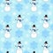 Winter seamless pattern of happy snowmen, christmas baby blue background