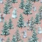 Winter seamless pattern on a pink background with Christmas trees, hares, snowmen, gifts. Watercolor illustration from a
