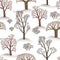 Winter seamless pattern of simple trees. Illustartion of brown forest on white snow background