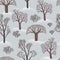 Winter seamless pattern of simple trees. Illustartion of brown forest on white snow background