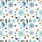 Winter seamless pattern with snowmen, birds Christmas mood