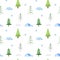 Winter seamless pattern with stylized Christmas trees, snowdrifts, snowflakes and cute bird tracks