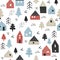 Winter seamless pattern with tiny houses.