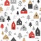 Winter seamless pattern with tiny houses in forest.