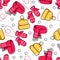 Winter seamless pattern with Warm knitted clothes. Red and yellow Winter accessories, mittens, cap, scarf. Doodle Linear