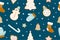 Winter seamless patterns with gingerbread cookies. Awesome holiday vector background.